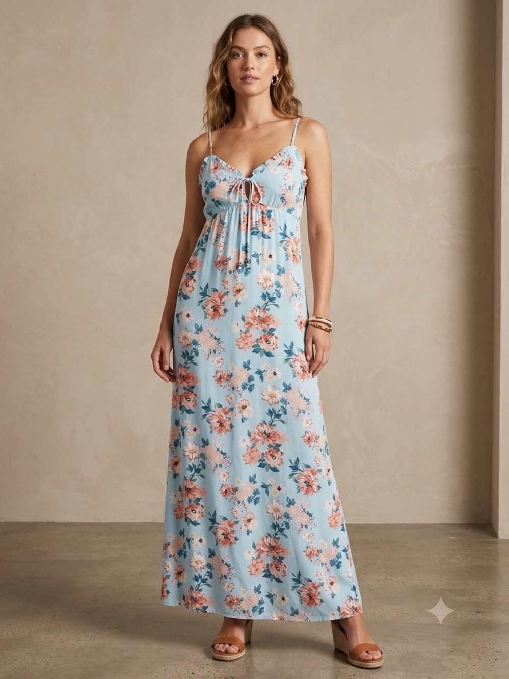City Studio Sky Blue Floral Maxi Dress with Peach Accents